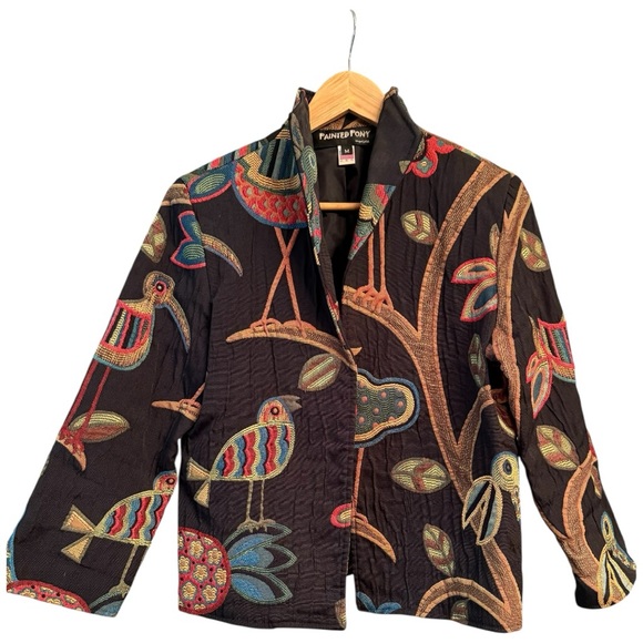 Vintage Painted Pony Artsy Black/Multi Tropical Bird Tapestry Jacket Medium - Picture 1 of 14